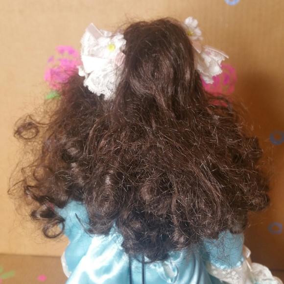 Porcelain Brunette Victorian Doll with Stand - Picture 7 of 11